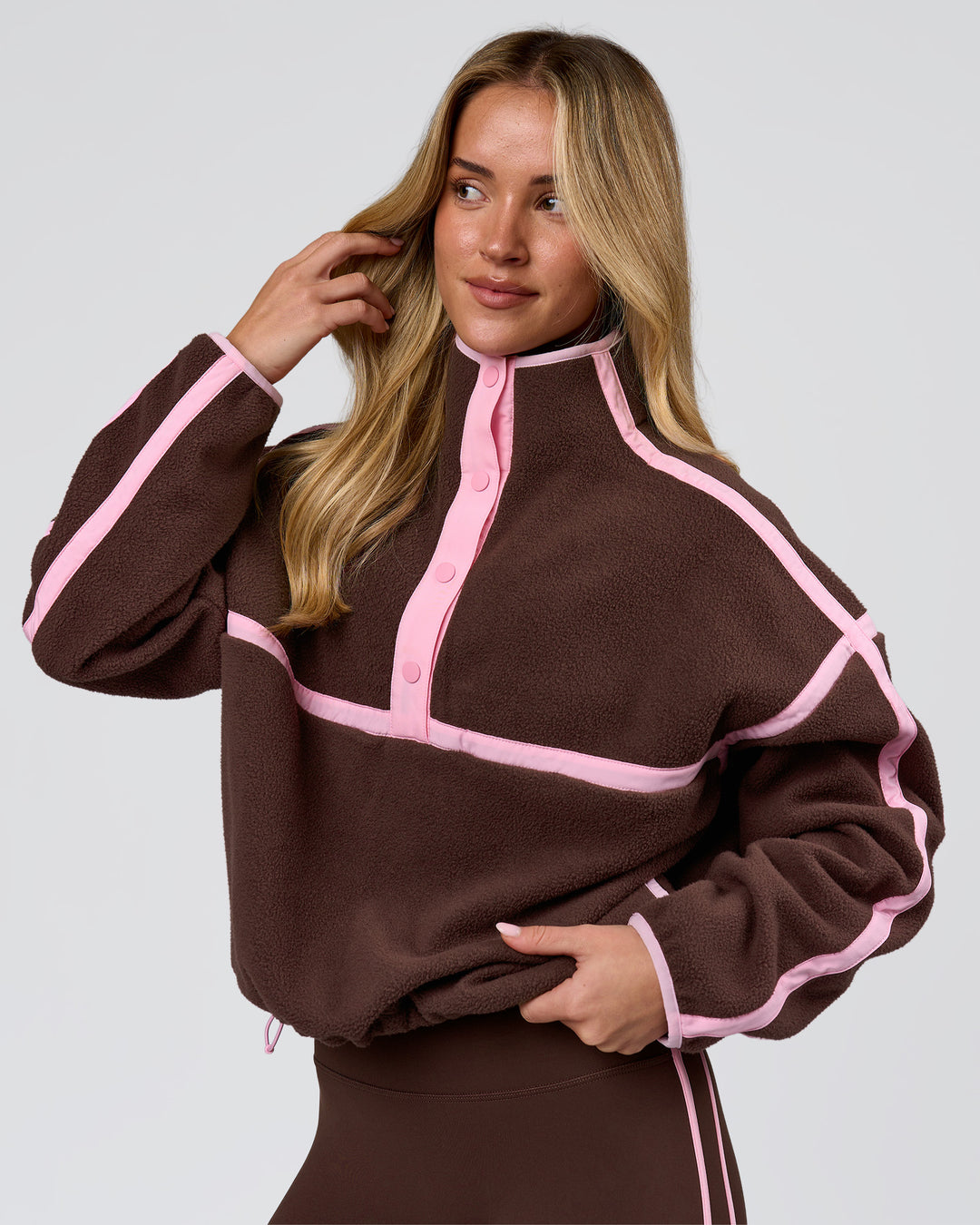 Woman wearing Expedition Pop Over - Hot Chocolate-Pink Rose | Model:Issy | Size:XS - view 3