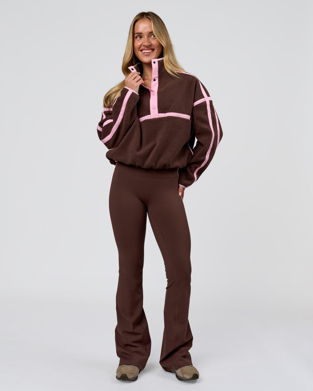 Woman wearing Expedition Pop Over - Hot Chocolate-Pink Rose | Model:Issy | Size:XS - view 6