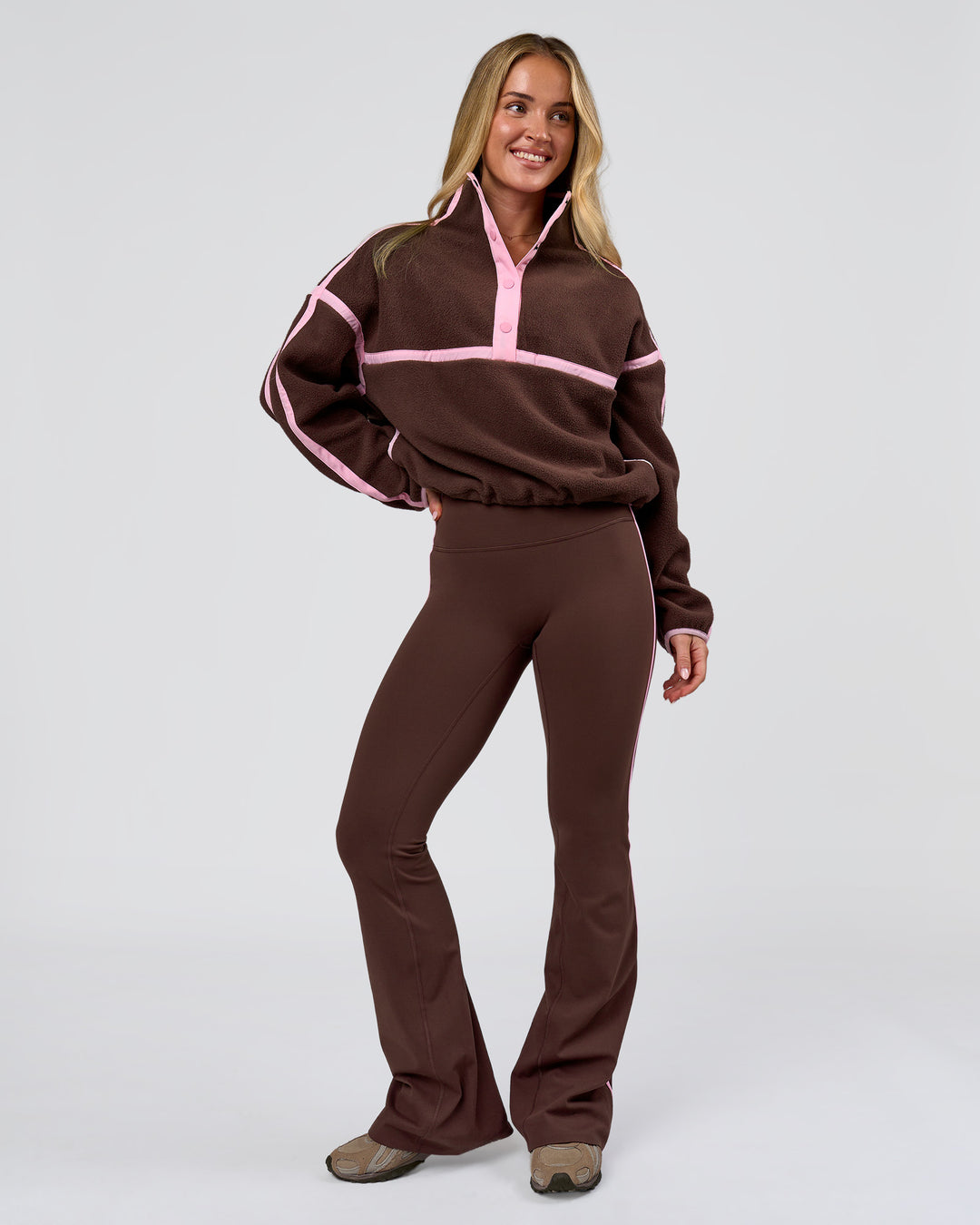 Woman wearing Expedition Pop Over - Hot Chocolate-Pink Rose | Model:Issy | Size:XS - view 12