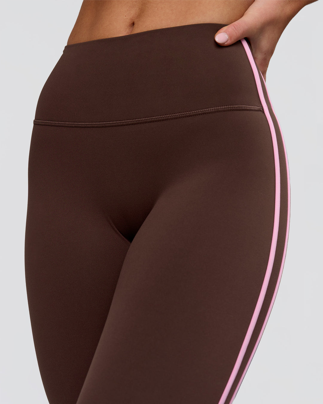 Woman wearing Fusion V-Contour Bind High-Rise Flared Legging - Hot Chocolate-Pink Rose | Model:Issy | Size:XS - view 8