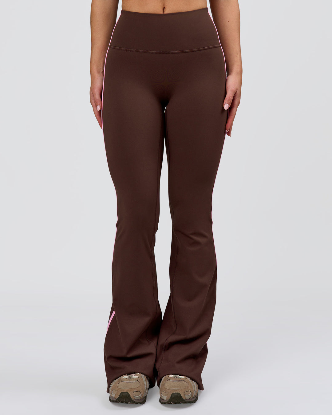 Woman wearing Fusion V-Contour Bind High-Rise Flared Legging - Hot Chocolate-Pink Rose | Model:Issy | Size:XS - view 13