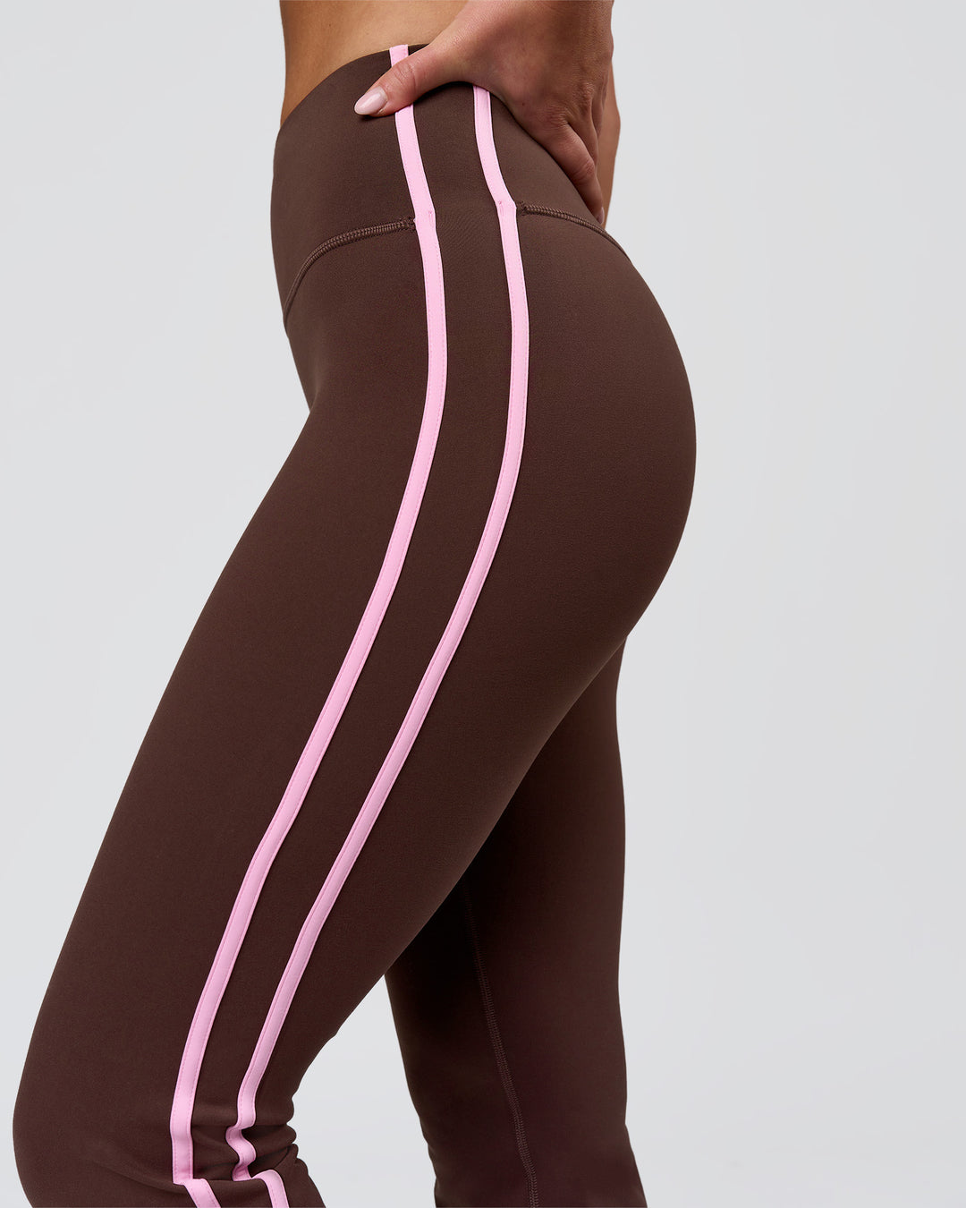 Woman wearing Fusion V-Contour Bind High-Rise Flared Legging - Hot Chocolate-Pink Rose | Model:Issy | Size:XS - view 14