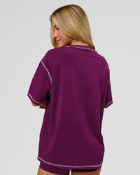 Woman wearing Go-To Contrast Oversized Heavyweight FLXCotton Tee - Plum Caspia-Pink Rose | Model:Issy | Size:XS | Thumbnail Index: 5