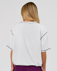 Woman wearing Go-To Contrast Oversized Heavyweight FLXCotton Tee - White-Black | Model:Issy | Size:XS | Thumbnail Index: 3