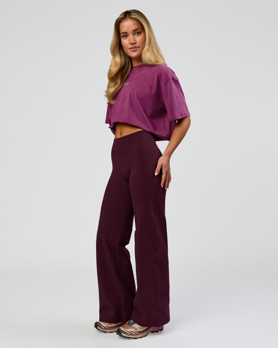 Woman wearing Go-To FLXCotton Oversized Tee - Boysenberry-White | Model:Issy | Size:XS - view 5
