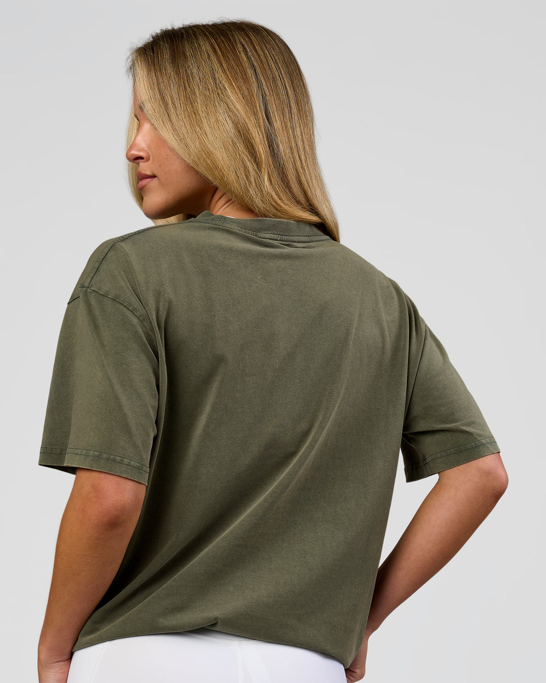 Woman wearing Go-To FLXCotton Oversized Tee - Pure Olive Washed | Model:Issy | Size:XS - view 8
