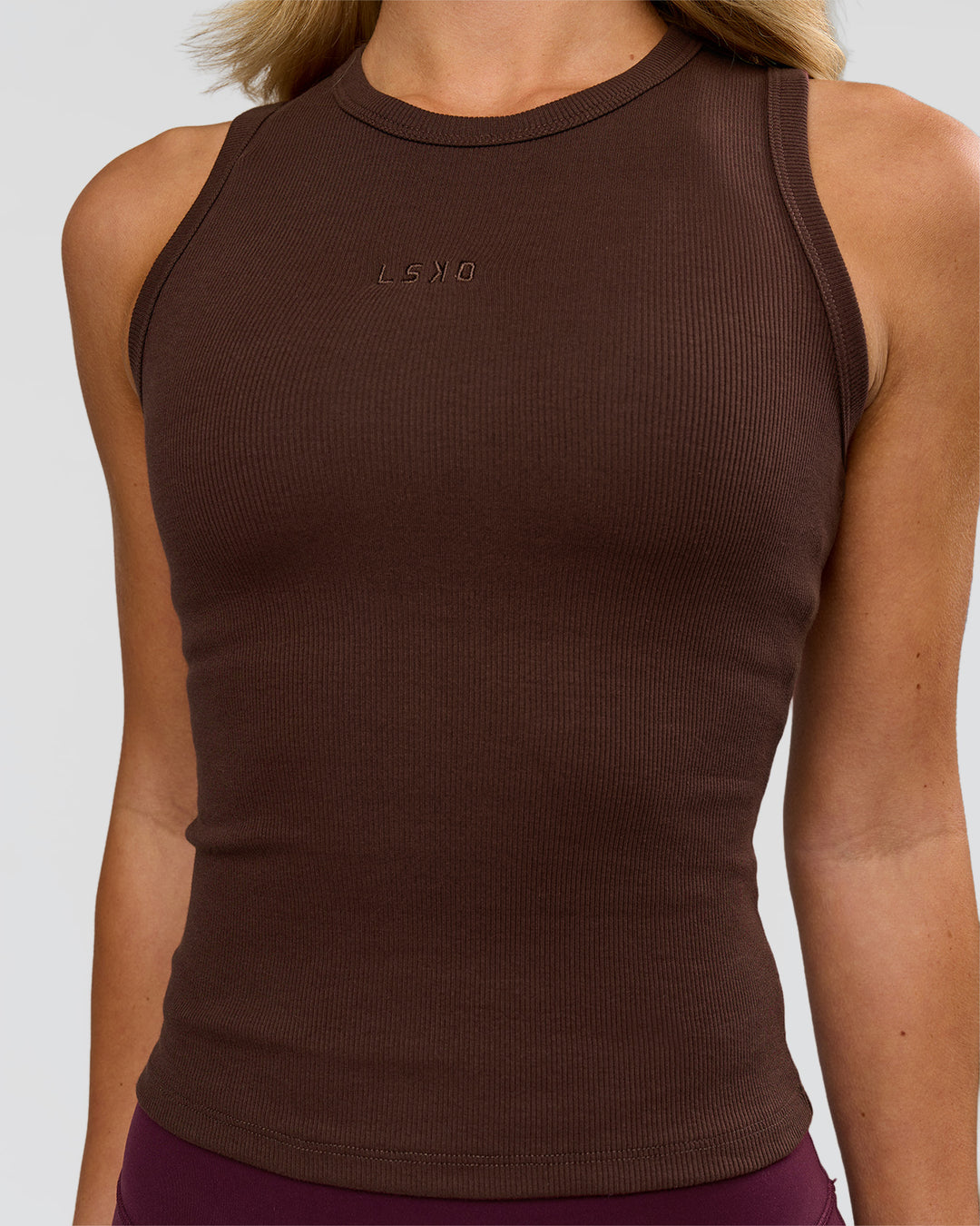 Woman wearing Go-To FLXCotton Rib High Neck Tank - Hot Chocolate | Model:Issy | Size:XS - view 2
