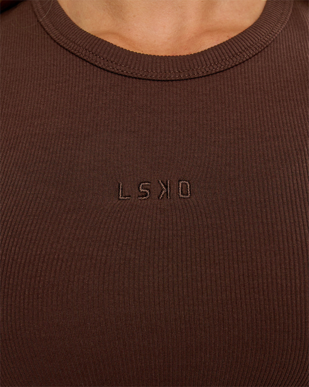 Woman wearing Go-To FLXCotton Rib High Neck Tank - Hot Chocolate | Model:Issy | Size:XS - view 3