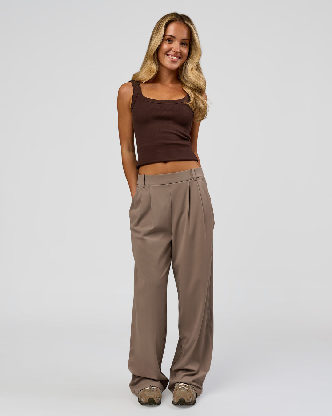Woman wearing Go-To FLXCotton Rib Scoop Tank - Hot Chocolate | Model:Issy | Size:XS - view 3