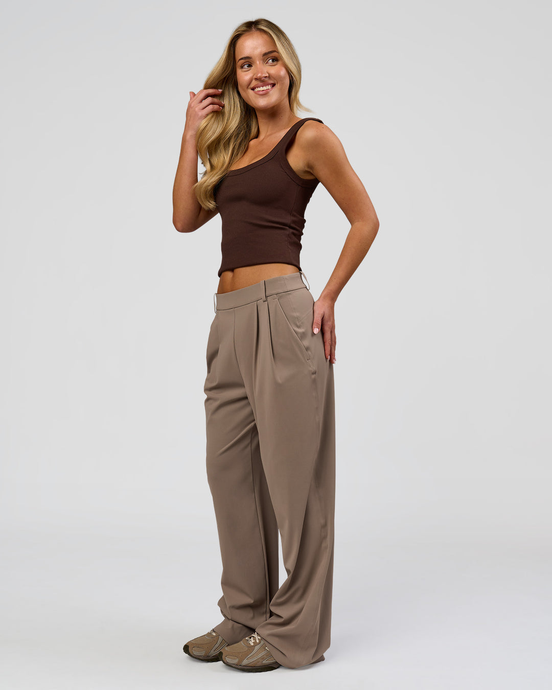 Woman wearing Go-To FLXCotton Rib Scoop Tank - Hot Chocolate | Model:Issy | Size:XS - view 4