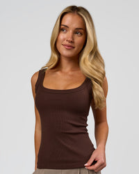 Woman wearing Go-To FLXCotton Rib Scoop Tank - Hot Chocolate | Model:Issy | Size:XS | Thumbnail Index: 4