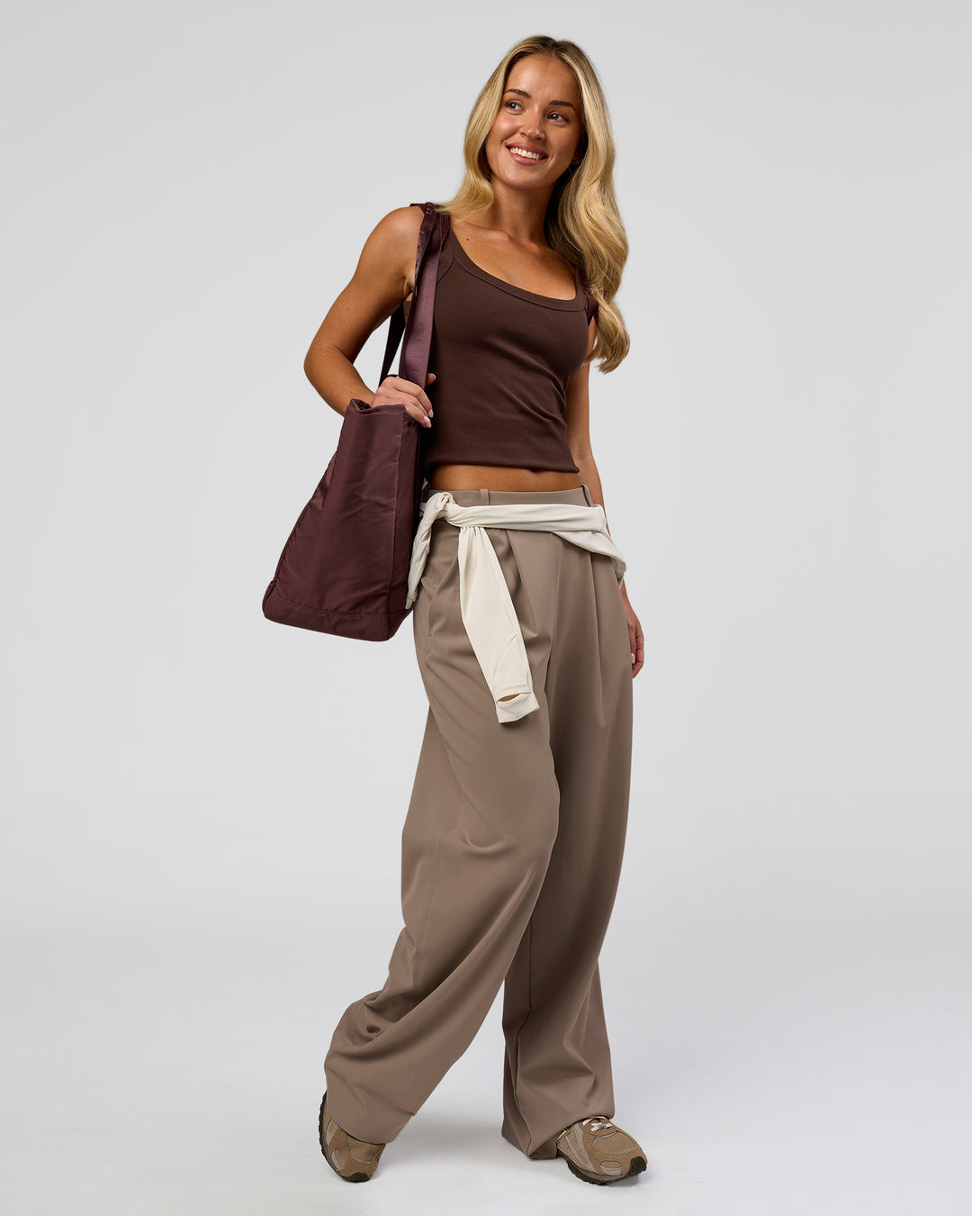 Woman wearing Go-To FLXCotton Rib Scoop Tank - Hot Chocolate | Model:Issy | Size:XS - view 10