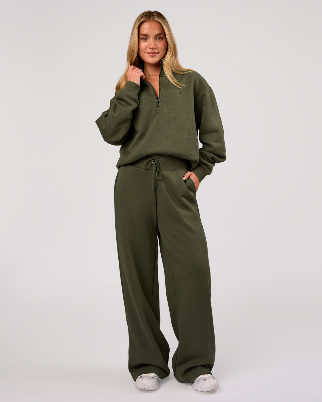 Woman wearing Go-To Oversized Quarter Zip Sweater - Pure Olive | Model:Issy | Size:XS - view 6