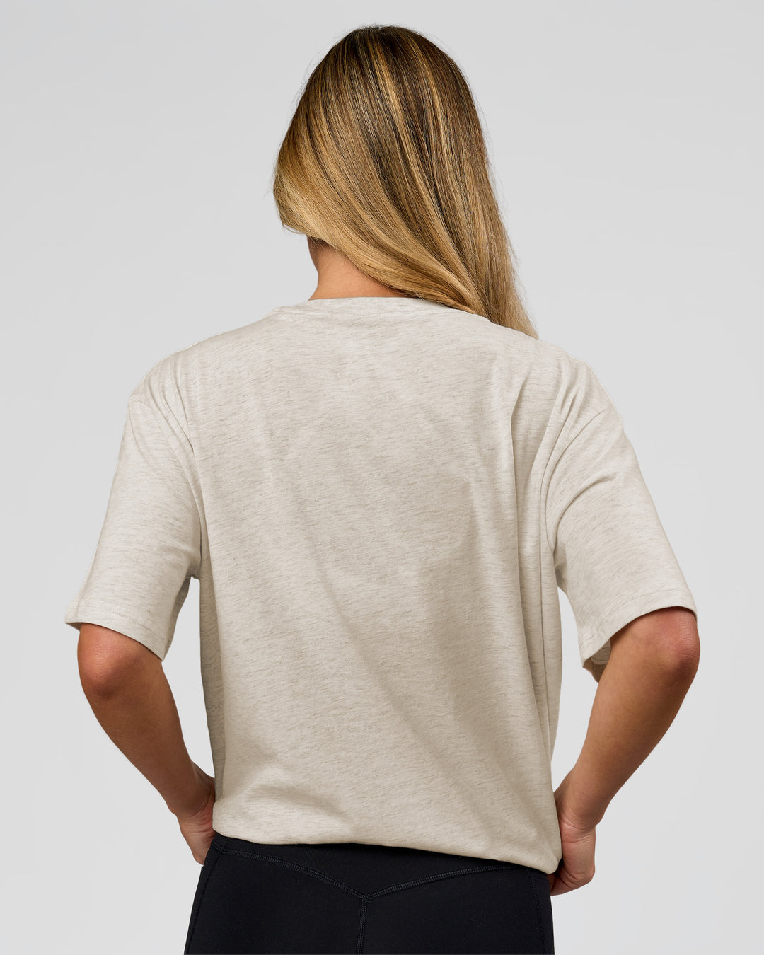 Woman wearing Go-To Script FLXCotton Oversized Tee - Silver Marl-White | Model:Issy | Size:XS - view 3