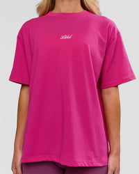 Woman wearing Go-To Script FLXCotton Oversized Tee - Ultra Pink-White | Model:Issy | Size:XS | Thumbnail Index: 1