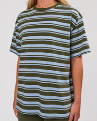 Woman wearing Go-To Shadow Stripe FLXCotton Oversized Tee - Pure Olive-Open Air | Model:Issy | Size:XS | Thumbnail Index: 2