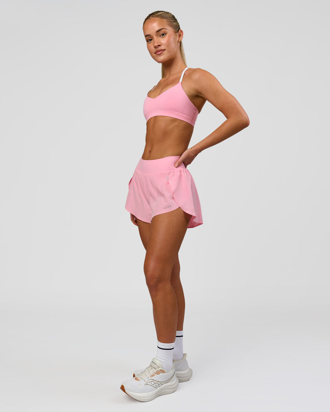 Woman wearing Infinity Sports Bra - Pink Rose | Model:Issy | Size:XS - view 7