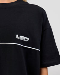 Woman wearing Inline Heavyweight FLXCotton Oversized Tee - Black-White | Model:Issy | Size:XS | Thumbnail Index: 15