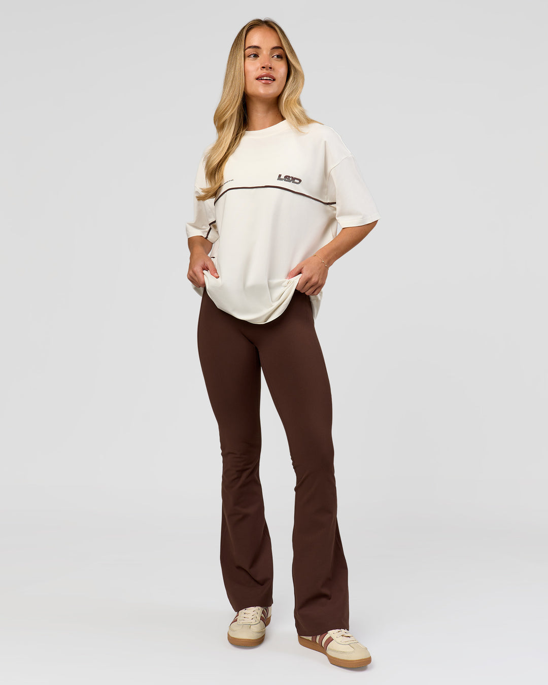 Woman wearing Inline Heavyweight FLXCotton Oversized Tee - Off White-Hot Chocolate | Model:Issy | Size:XS - view 12