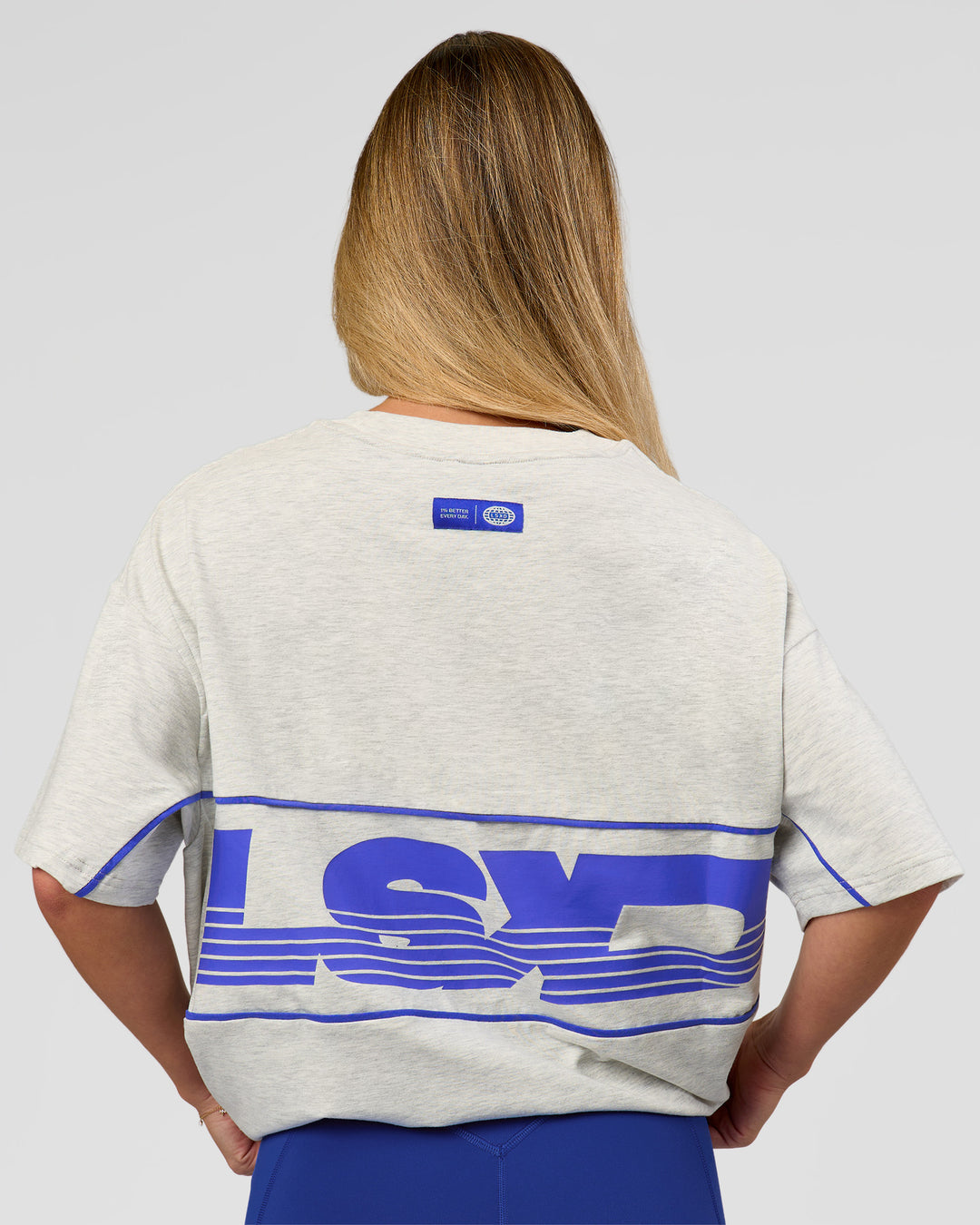Woman wearing Inline Heavyweight FLXCotton Oversized Tee - Silver Marl-Power Cobalt | Model:Issy | Size:XS - view 10