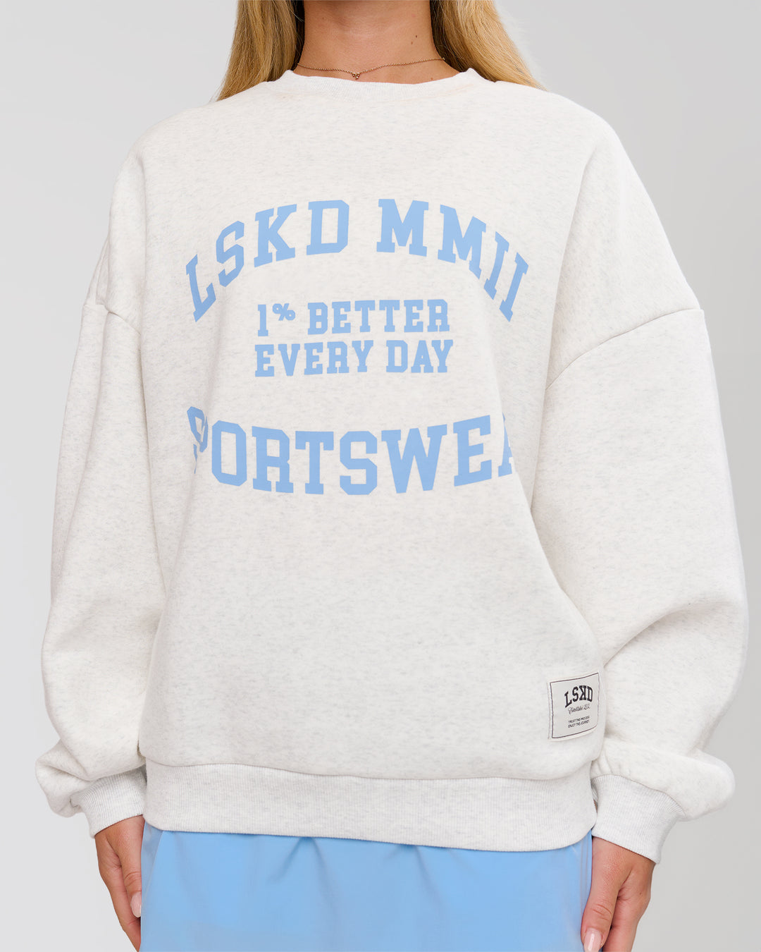 Woman wearing Playbook Boxy Crew Sweater - Silver Marl-Open Air | Model:Issy | Size:XS - view 6