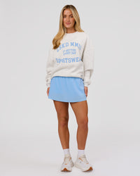 Woman wearing Playbook Boxy Crew Sweater - Silver Marl-Open Air | Model:Issy | Size:XS | Thumbnail Index: 11