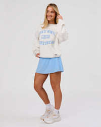 Woman wearing Playbook Boxy Crew Sweater - Silver Marl-Open Air | Model:Issy | Size:XS | Thumbnail Index: 13