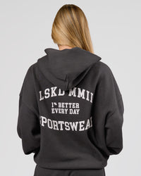 Woman wearing Playbook Boxy Hoodie - Onyx-Off White | Model:Issy | Size:XS | Thumbnail Index: 2