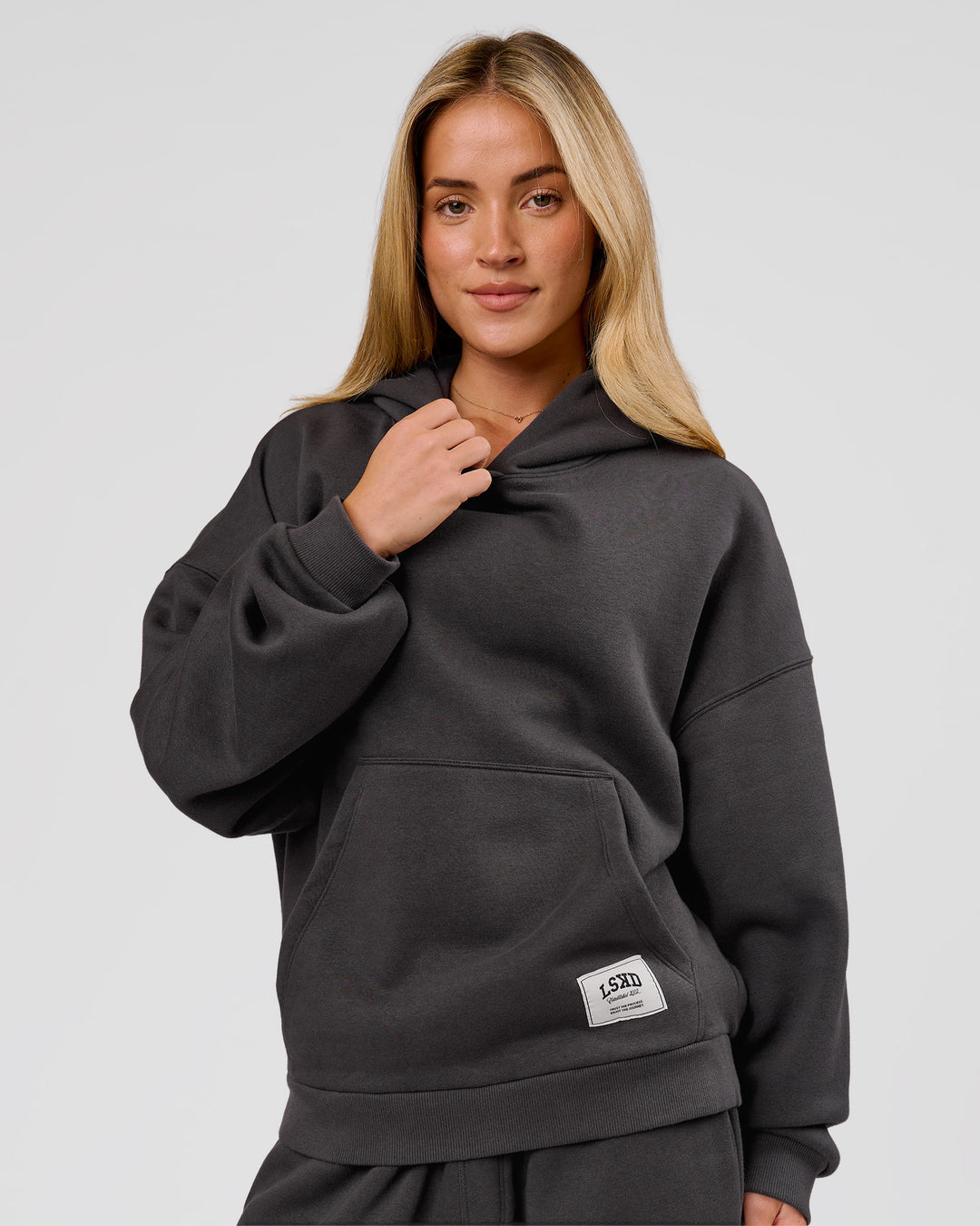Woman wearing Playbook Boxy Hoodie - Onyx-Off White | Model:Issy | Size:XS - view 6
