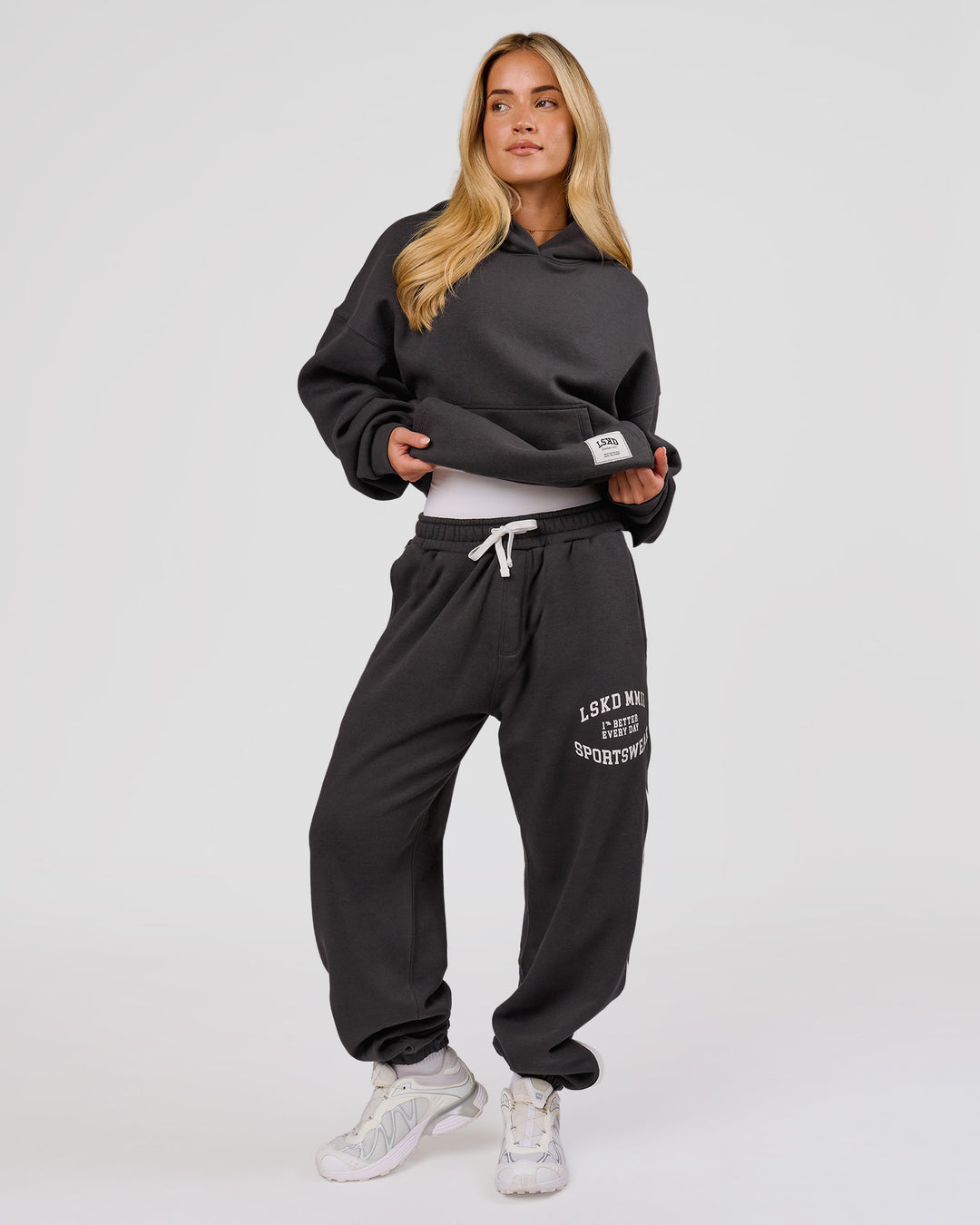 Woman wearing Playbook Boxy Hoodie - Onyx-Off White | Model:Issy | Size:XS - view 14