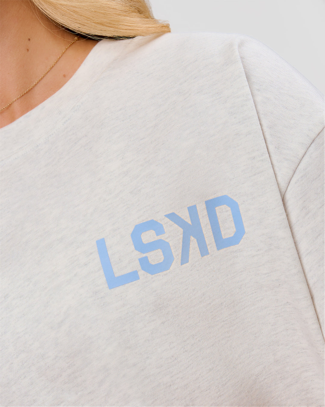 Woman wearing Playbook Heavyweight Oversized Tee - Silver Marl-Open Air | Model:Issy | Size:XS - view 11