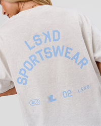 Woman wearing Playbook Heavyweight Oversized Tee - Silver Marl-Open Air | Model:Issy | Size:XS | Thumbnail Index: 0