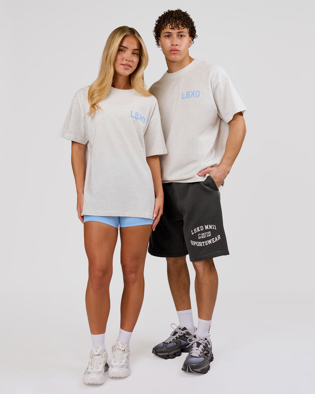 Woman wearing Playbook Heavyweight Oversized Tee - Silver Marl-Open Air | Model:Issy | Size:XS - view 14