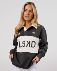 Woman wearing Playbook Unisex Collared Sweater - Onyx-Off White | Model:Issy | Size:XS | Thumbnail Index: 0