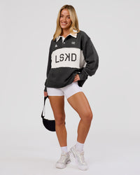 Woman wearing Playbook Unisex Collared Sweater - Onyx-Off White | Model:Issy | Size:XS | Thumbnail Index: 4