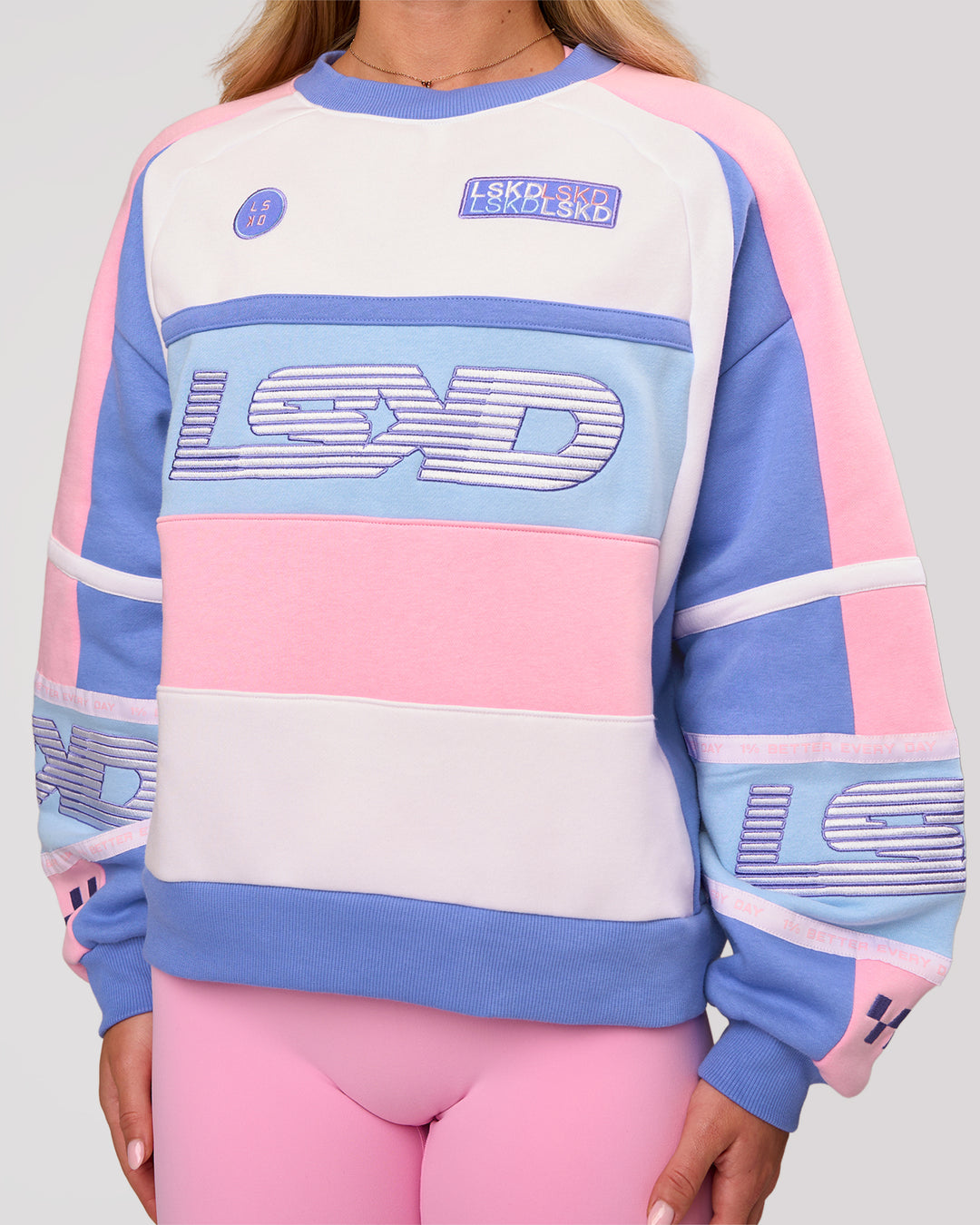 Woman wearing Power Sweater - Pink Rose-Bluebell | Model:Issy | Size:XS - view 2