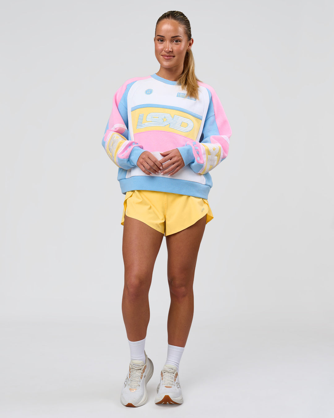 Woman wearing Power Sweater - Pink Rose-Lemon | Model:Issy | Size:XS - view 4