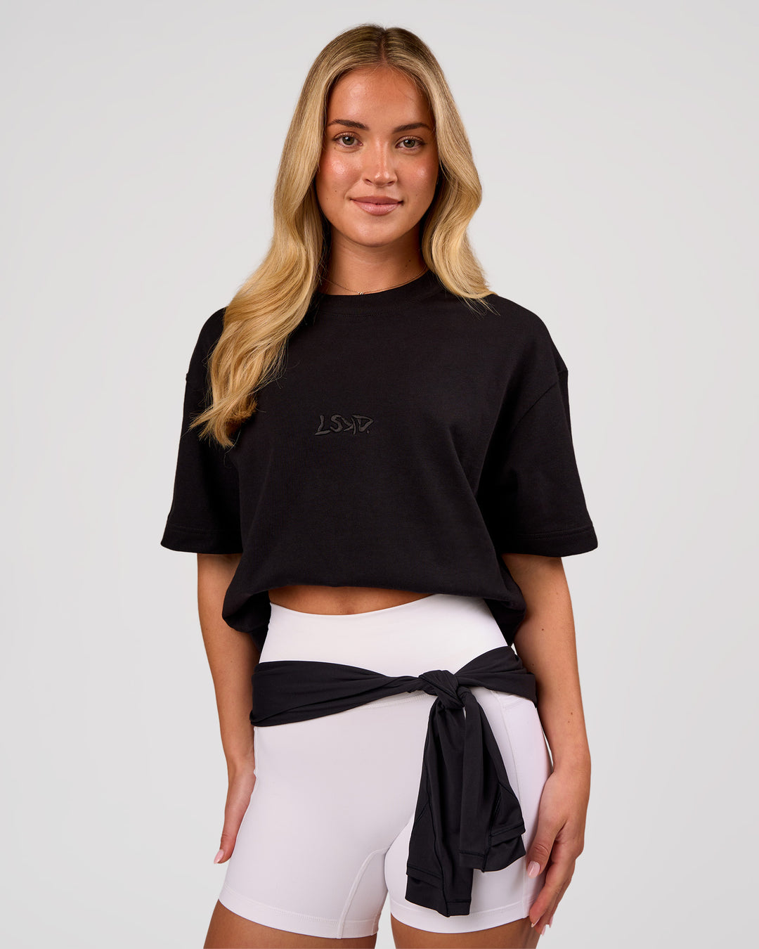 Woman wearing Progression Super Heavyweight Boxed Tee - Black-Black | Model:Issy | Size:XS - view 5