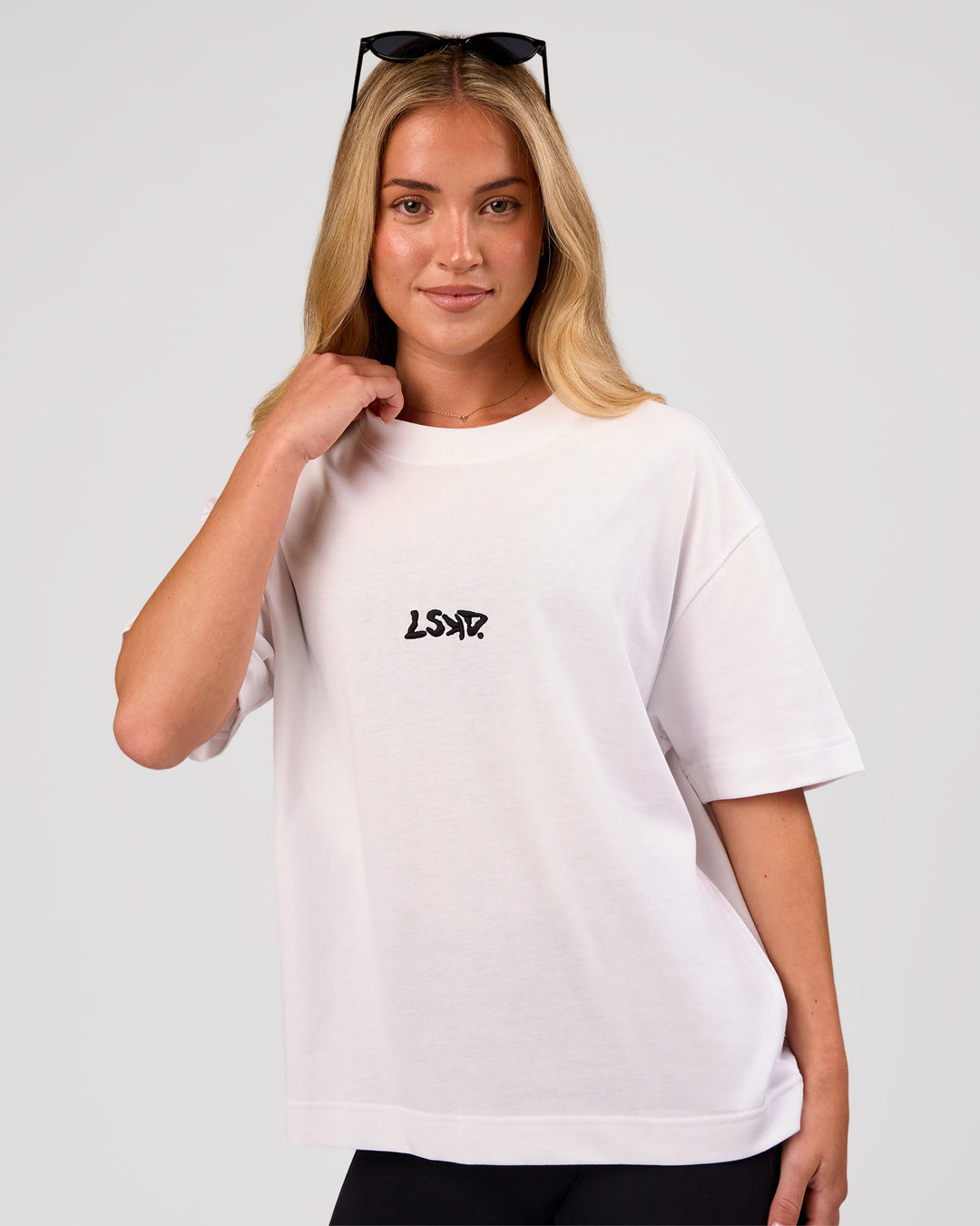 Woman wearing Progression Super Heavyweight Boxed Tee - White-Black | Model:Issy | Size:XS - view 3