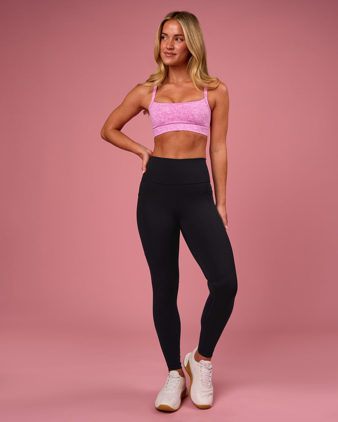 Woman wearing Rep Ultra High-Rise Full Length Legging Pockets - Black-Pink Rose | Model:Issy | Size:XS - view 6