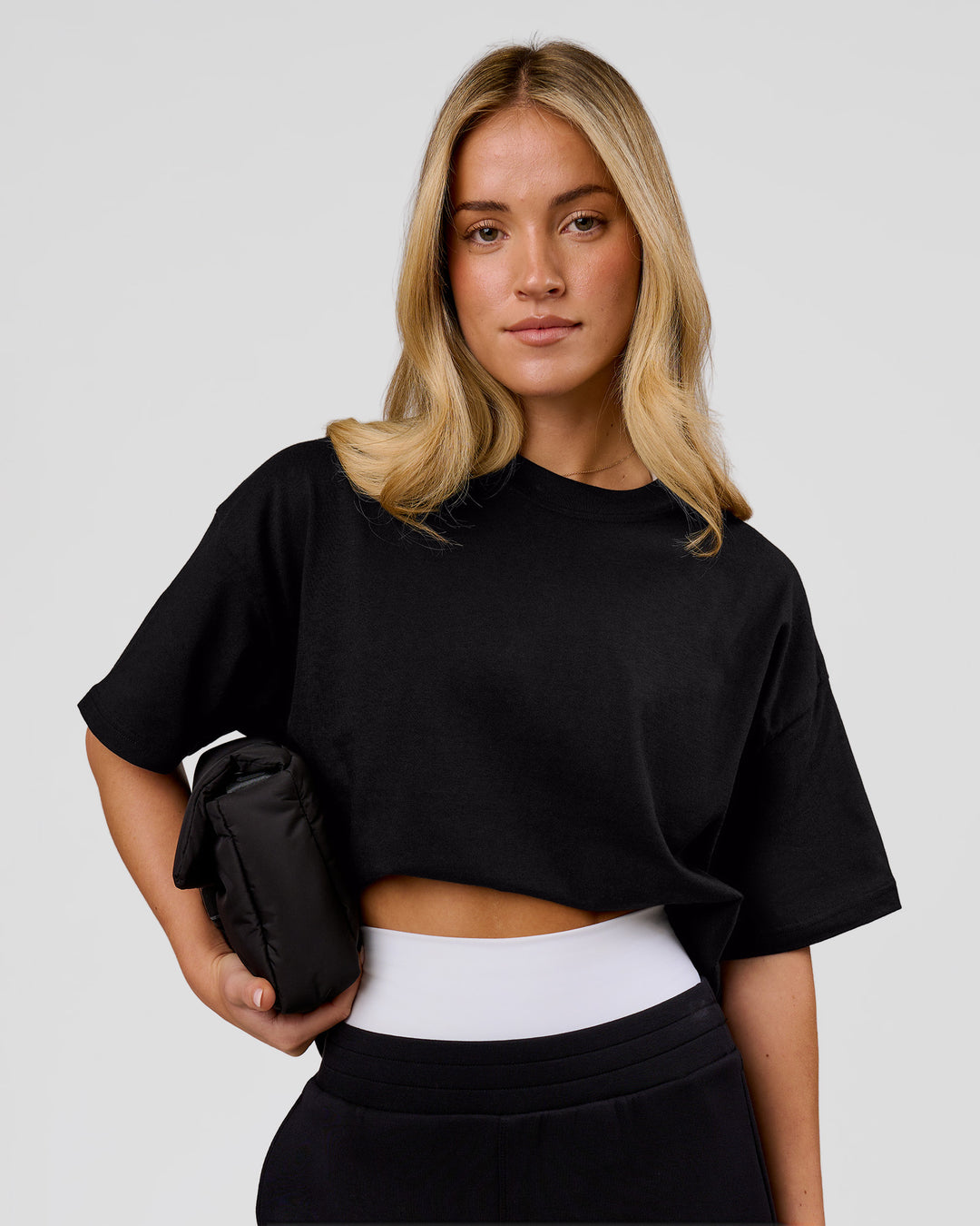 Woman wearing Shadow Mark Heavyweight Oversized Tee - Black-Onyx | Model:Issy | Size:XS - view 6