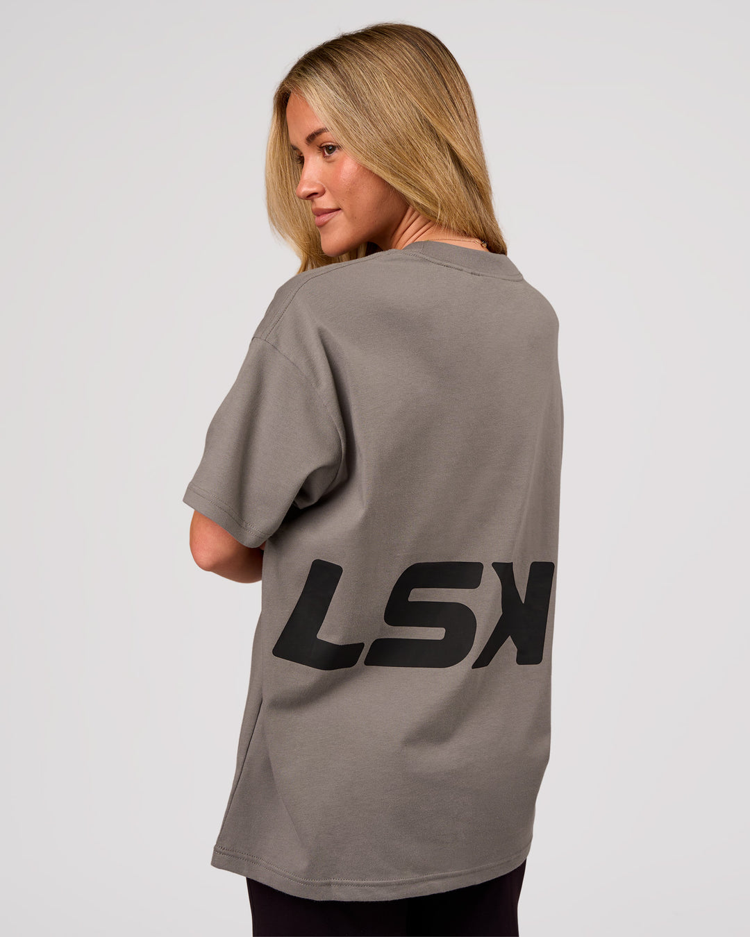 Woman wearing Shadow Mark Heavyweight Oversized Tee - Storm Front-Onyx | Model:Issy | Size:XS - view 7
