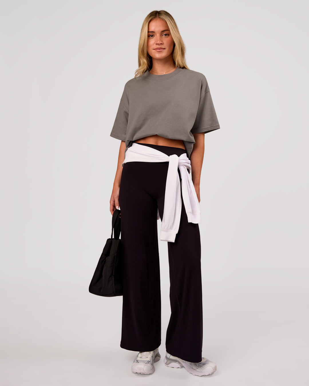 Woman wearing Shadow Mark Heavyweight Oversized Tee - Storm Front-Onyx | Model:Issy | Size:XS - view 13