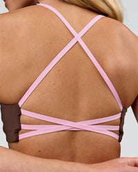 Woman wearing Stellar Sports Bra - Hot Chocolate-Pink Rose | Model:Issy | Size:XS | Thumbnail Index: 7