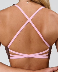Woman wearing Stellar Sports Bra - Hot Chocolate-Pink Rose | Model:Issy | Size:XS | Thumbnail Index: 8