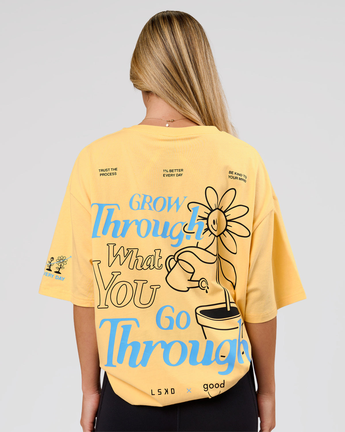 Woman wearing TGHF X LSKD 26 FLXCotton Oversized Tee - Lemon | Model:Issy | Size:XS - view 2