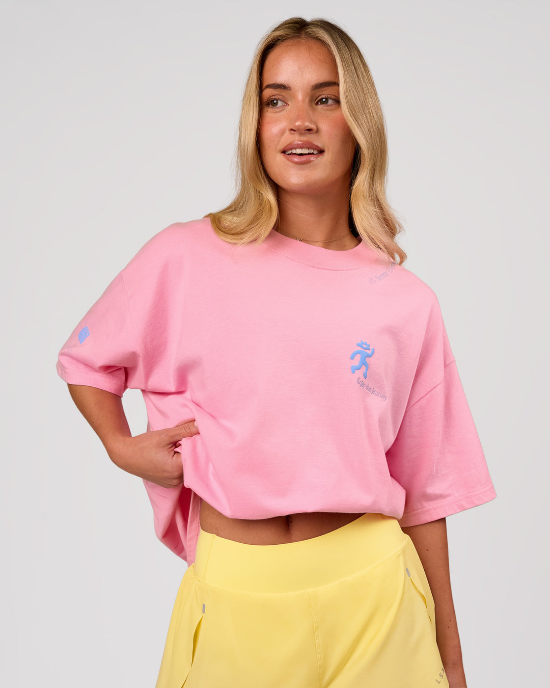 Woman wearing Values Manifesto Heavyweight Oversized Tee  - Pink Rose-Open Air | Model:Issy | Size:XS - view 6