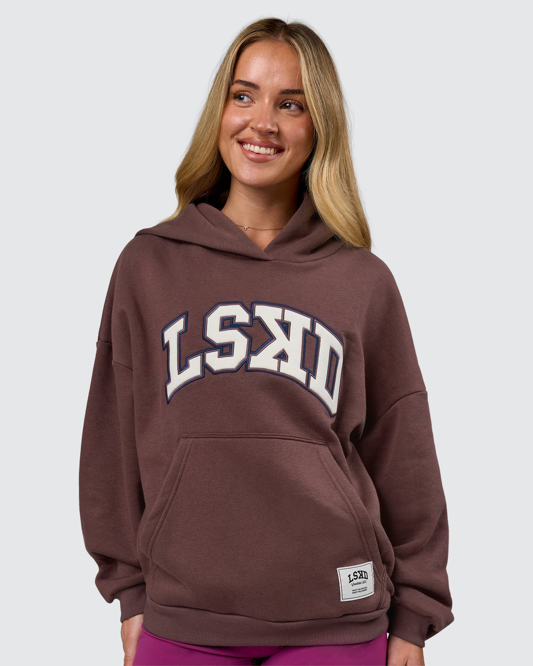 Woman wearing Varsity Boxy Hoodie - Cocoa Powder-Off White | Model:Issy | Size:XS - view 5
