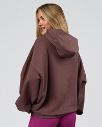 Woman wearing Varsity Boxy Hoodie - Cocoa Powder-Off White | Model:Issy | Size:XS | Thumbnail Index: 6