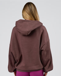Woman wearing Varsity Boxy Hoodie - Cocoa Powder-Off White | Model:Issy | Size:XS | Thumbnail Index: 12